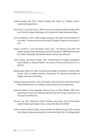 Federal Student Aid. 2014. “Federal Student Aid: About Us.” Website: https://
studentaid.ed.gov/about.
Hahn, Ryan D., and Derek Price. 2008. Promise Lost: College-Qualified Students Who
Don’t Enroll in College. Washington, DC: Institute for Higher Education Policy.
Harris, Elizabeth A. 2014. “Little College Guidance: 500 High School Students Per
Counselor.” The New York Times, December 26, page A1. Website: www.nytimes.
com.
Hoxby, Caroline H., and Christopher Avery. 2012. “The Missing ‘One-Offs’: The
Hidden Supply of High-Achieving, Low Income Students.” NBER Working Paper
No. 18586. Cambridge, MA: National Bureau of Economic Research.
Light, Audrey, and Wayne Strayer. 2013. “Determinants of College Completion:
School Quality or Student Ability?” The Journal of Human Resources 35, no. 2:
299-332.
McDonough, Patricia M. 2005. Counseling and College Counseling in America’s High
Schools. State of College Admission. Alexandria, VA: National Association of
College Admission Counseling.
Radford, Alexandria Walton. 2013. Top Student, Top School? How Social Class Shapes
Where Valedictorians Go to College. Chicago: University of Chicago Press.
Roderick, Melissa, Jenny Nagaoka, Vanessa Coca, and Eliza Moeller. 2009. From
High School to the Future: Making Hard Work Pay Off. Chicago: Consortium on
Chicago School Research.
Sherwin, Jay. 2012. Make Me a Match: Helping Low-Income and First-Generation
Students Make Good College Choices. Policy Brief. New York: MDRC.
Smith, Jonathan, Matea Pender, Jessica Howell, and Michael Hurqitz. 2012. Getting
IntoCollege:PostsecondaryAcademicUndermatch. New York: The College Board.
References (continued)
5 0 | In Search of a Match
 