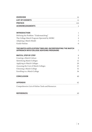 Overview	 iii
List of Exhibits	 vi
PREFACE	 viii
ACKNOWLEDGMENTS	 x
Introduction	 1
Defining the Problem: “Undermatching”	 2
The College Match Program Operated by MDRC	 4
Adopting a Match Model	 5
Guide Outline	 6
The Match Application Timeline: Incorporating the Match
Approach into College Advising Programs	 7
Match, Step by Step 	 8
Creating a Match Culture	 8
Identifying Match Colleges	 12
Applying to Match Colleges	 20
Assessing the Cost of Match Colleges	 25
Choosing a Match College	 32
Enrolling in a Match College	 36
Conclusion	 40
Appendix 	42	
Comprehensive List of Online Tools and Resources
References	 49
| v
 