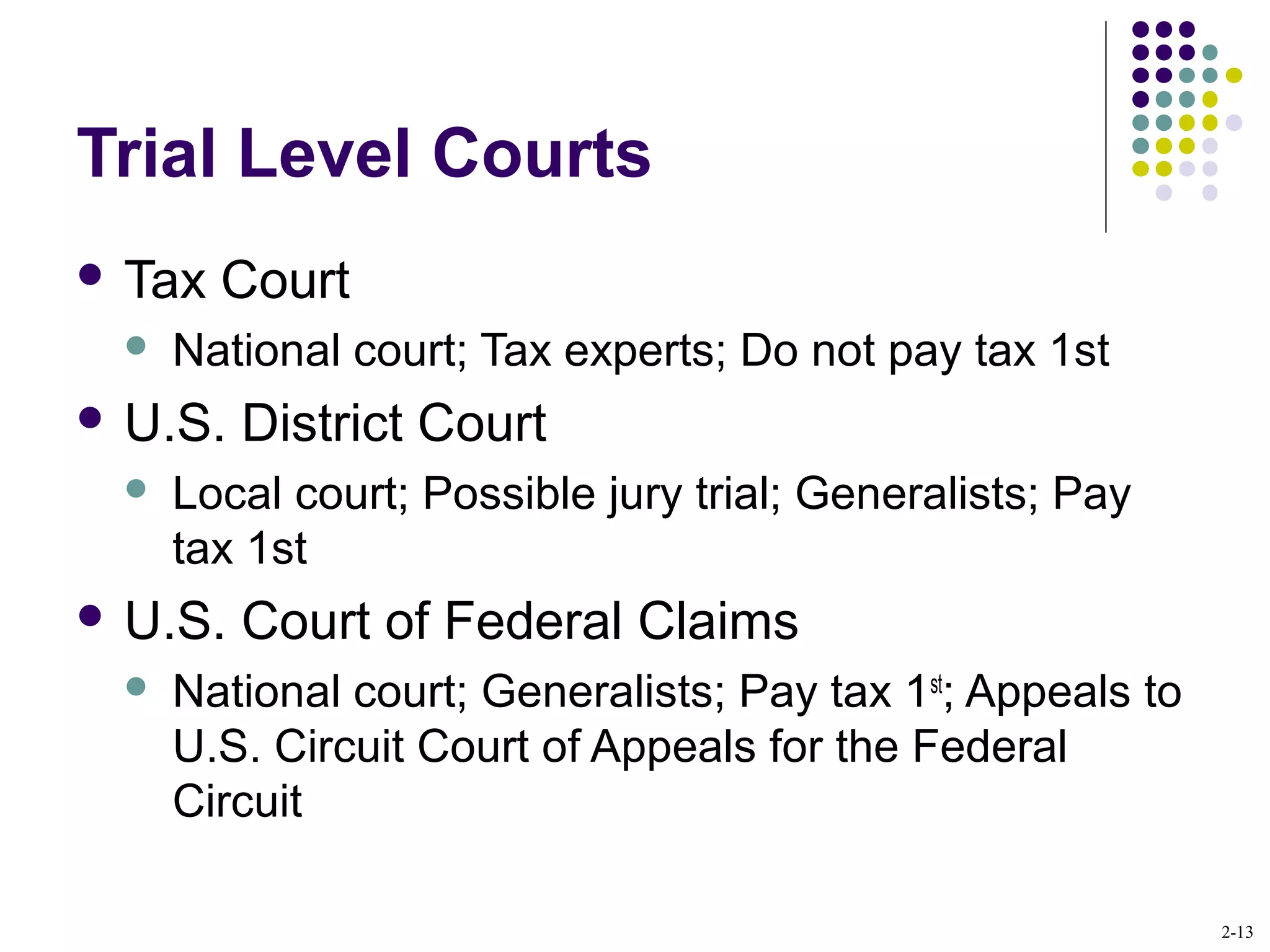 2-13
Trial Level Courts
 Tax Court
 National court; Tax experts; Do not pay tax 1st
 U.S. District Court
 Local court; Possible jury trial; Generalists; Pay
tax 1st
 U.S. Court of Federal Claims
 National court; Generalists; Pay tax 1st
; Appeals to
U.S. Circuit Court of Appeals for the Federal
Circuit
 