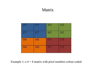 Matrix
Example 1; a 4 × 4 matrix with pixel numbers colour coded
 