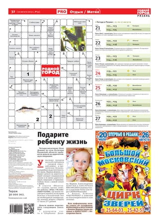 32  [ 20 августа 2013 г., №33 ]
Р Я З А Н Ь
Отдых / Метео
Генеральный директор
А. С. Жуков
> Главный редактор
А.А. Мысовских (4912) 500-224,
е-mail: info@proryazan.com
> Директорпораспространению
Л.В.Антонова –(4912)500-223,
е-mail: rasp@proryazan.com
> Директор по рекламе
С.В. Воробьёв – (4912) 500-225,
e-mail: vorobiev@proryazan.com
Газета зарегистрирована
Федеральной службой по надзору в сфе-
ре массовых коммуникаций, связи и охра-
ны культурного наследия России, свиде-
тельство
ПИ ФС77-31383 от 6.03.08.
Отпечатано в ГУП РО «Рязанская областная
типография»,
г. Рязань, ул. Новая, д. 69/12.
Тел: +7(4912)44-19-36.
Перепечатка статей без согласия авторов и
редакции запрещена. При использовании ма-
териалов электронными СМИ гиперссылка
на www.ProRyazan.com обязательна.
Газета № 33. Время подписания в печать
19.08.13 в 22.30.
Фактическое – 19.08.13 в 22.30.
Заказ №3365.
Подписной индекс 31612.
Редакция не несет ответственности за досто-
верность содержания рекламных объявлений.
Редакция работает с письмами читателей.
Тираж
30 000 экз.
Рекомендуемая цена 12 руб.
Еженедельник
«Рязань-Родной город»
Учредитель: ООО «Новости регионов»
Издатель: ООО «Новости региона»
Адрес редакции и издателя: 390000, Рязань,
ул. Ленина, 35.
Тел. 500-224.
> Погода в Рязани с 21 по 27 августа
Луна в Тельце. 9 лунный день. День идеально подходит для подачи прошений. Считает-
ся, что прошение, поданное в этот период, обязательно принесет подателю удачу и положи-
тельный исход дела.
Пятница
23августа
+21... +23 Пасмурно
+14... +16 Малооблачно
Суббота
24августа
+19... +21 Ясно
+13... +15 Ясно
ЛунавТельце.10лунныйдень.День должен стать отправной, стартовой точкой для какого-
либо достаточно масштабного проекта.
Воскресенье
25августа
+18... +20 Малооблачно
+10... +12 Малооблачно
Луна в Близнецах. 11 лунный день. Ограничьте калории, откажитесь от мучного и
сладкого. Показаны фитотерапия и дыхательная гимнастика.
Понедельник
26августа
+22... +24 Ясно
+10... +12 Малооблачно
Луна в Близнецах. 12 лунный день. День энергичных действий, прорыва в непознанное,
неизведанное. Прекрасно осуществляются мероприятия, направленные на открытие чего-
то нового.
Вторник
27августа
+20... +22 Ясно
+10... +12 Ясно
Луна в Близнецах. 13 лунный день. Время духовных устремлений и поисков; период ми-
стический: приподнимается завеса между мирами, и человек может проникнуть в За-
предельное.
Четверг
22августа
+20... +22 Облачно
+14... +16 Пасмурно
Луна в Тельце. 8 лунный день. Отправьте мысли в «свободное плавание». И тогда вам от-
кроются истины, до которых вам пока не удавалось добраться.
Среда
21августа
+21... +23 Пасмурно
+13... +25 Малооблачно
Луна в Овне. 7 лунный день. Время только заслуженного отдыха! Для тех же, кто отдыха не
заслужил, он станет периодом тоски и печали.
Подарите
ребенку жизнь
Четырехмесячному Коле
Демину из села Путятино
Рязанской области требу-
ются деньги на дорогостоя-
щую операцию.
У 
ма лыша синдром
ма льабсорбарции
– синдром корот-
кой кишки – и хро-
ническая белково-
калорийная недостаточность.
Его мама, Марина Демина, со-
бирает деньги на дорогосто-
ящий аппарат поддержания
жизни и не менее дорогосто-
ящую операцию в Германии.
Сейчас Коля с мамой лежит
в ДОКБ.
В с оцс е т и «ВКон т а к-
те» создана группа помо-
щи ребенку (http://vk.com/
club57153166), где можно по-
смотреть выписку из истории
болезни и больничный счет
на необходимую аппаратуру.
На данный момент собрано
17 тысяч 277 рублей.
Деньги можно перечис-
лить следующим спосо-
бом:
• р е к в и з и т ы с ч е -
та в Сбербанке: Деми-
на Марина Александровна
42307.810.2.5300.0076164
БИК 046126614 (перевод толь-
ко в отделение банка или че-
рез СБЕРБАНКонлайн)
• Я н д е к с К о ш е л е к
41001765442827 (с пометкой
на благотворительность или
лечение).
Всю информацию мож-
но узнать по телефонам:
89206330620 и 89537430620
– Демина Марина (мама ма-
лыша) и 89605732397 – Не-
стеркина Настя.
 