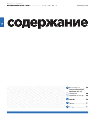 02
III квартал 2014 года
Информационный бюллетень
Деятельность бизнес-ангелов в России С о д е р ж а н и е
Российский рынок
венчурных инвестиций в
III квартале 2014 года
Обзор рынка
Инициативы государства
События
Сделки
Интервью
03
04
05
06
15
16
1
2
3
4
1.1
1.2
содержание
 
