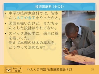 わんくま同盟 名古屋勉強会 #33 15
技術家庭科 (その1)
• 中学の技術家庭科では、皆さ
んも木工や金工をやったかと。
• 図面も描いたけど、まだちゃ
んとした設計はやれてない。
• スペック決めずに、適当に線
を描いてた。
例えば本棚の材木の厚みを、
どうやって決めたか?
(C) 2011 photosmith2011
https://www.flickr.com/photos/63744740@N07/6217400229/
 