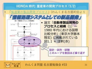 わんくま同盟 名古屋勉強会 #33 36
HONDA 時代: 量産車の開発プロセス (1/2)
• 「製造業の製品開発プロセス」(わんくま名古屋#19)より
設計→試作→試験
このループを数回ほど繰り返す
 