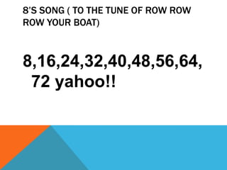 8’S SONG ( TO THE TUNE OF ROW ROW
ROW YOUR BOAT)
8,16,24,32,40,48,56,64,
72 yahoo!!
 