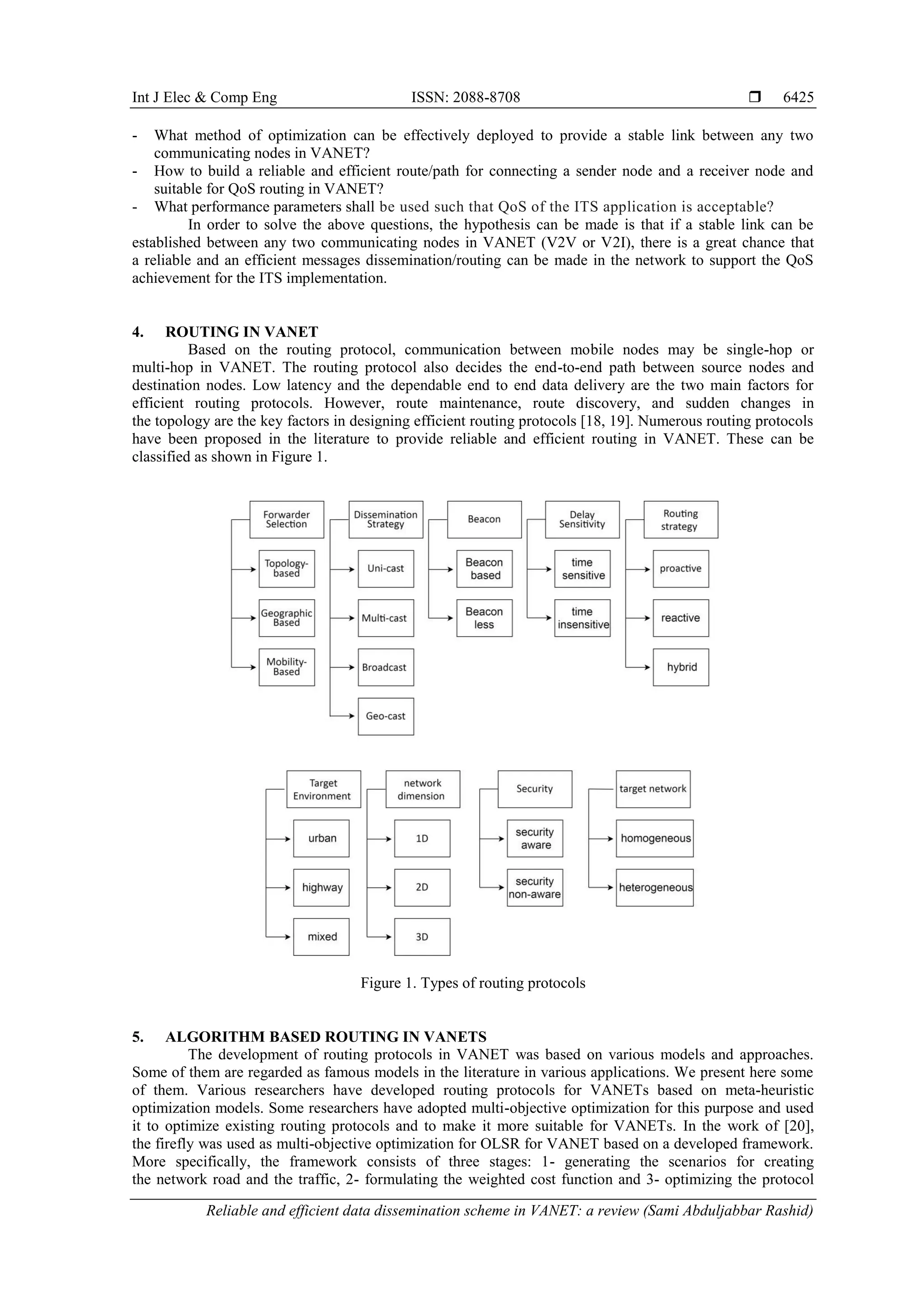 Int J Elec & Comp Eng ISSN: 2088-8708 
Reliable and efficient data dissemination scheme in VANET: a review (Sami Abduljabbar Rashid)
6425
- What method of optimization can be effectively deployed to provide a stable link between any two
communicating nodes in VANET?
- How to build a reliable and efficient route/path for connecting a sender node and a receiver node and
suitable for QoS routing in VANET?
- What performance parameters shall be used such that QoS of the ITS application is acceptable?
In order to solve the above questions, the hypothesis can be made is that if a stable link can be
established between any two communicating nodes in VANET (V2V or V2I), there is a great chance that
a reliable and an efficient messages dissemination/routing can be made in the network to support the QoS
achievement for the ITS implementation.
4. ROUTING IN VANET
Based on the routing protocol, communication between mobile nodes may be single-hop or
multi-hop in VANET. The routing protocol also decides the end-to-end path between source nodes and
destination nodes. Low latency and the dependable end to end data delivery are the two main factors for
efficient routing protocols. However, route maintenance, route discovery, and sudden changes in
the topology are the key factors in designing efficient routing protocols [18, 19]. Numerous routing protocols
have been proposed in the literature to provide reliable and efficient routing in VANET. These can be
classified as shown in Figure 1.
Figure 1. Types of routing protocols
5. ALGORITHM BASED ROUTING IN VANETS
The development of routing protocols in VANET was based on various models and approaches.
Some of them are regarded as famous models in the literature in various applications. We present here some
of them. Various researchers have developed routing protocols for VANETs based on meta-heuristic
optimization models. Some researchers have adopted multi-objective optimization for this purpose and used
it to optimize existing routing protocols and to make it more suitable for VANETs. In the work of [20],
the firefly was used as multi-objective optimization for OLSR for VANET based on a developed framework.
More specifically, the framework consists of three stages: 1- generating the scenarios for creating
the network road and the traffic, 2- formulating the weighted cost function and 3- optimizing the protocol
 