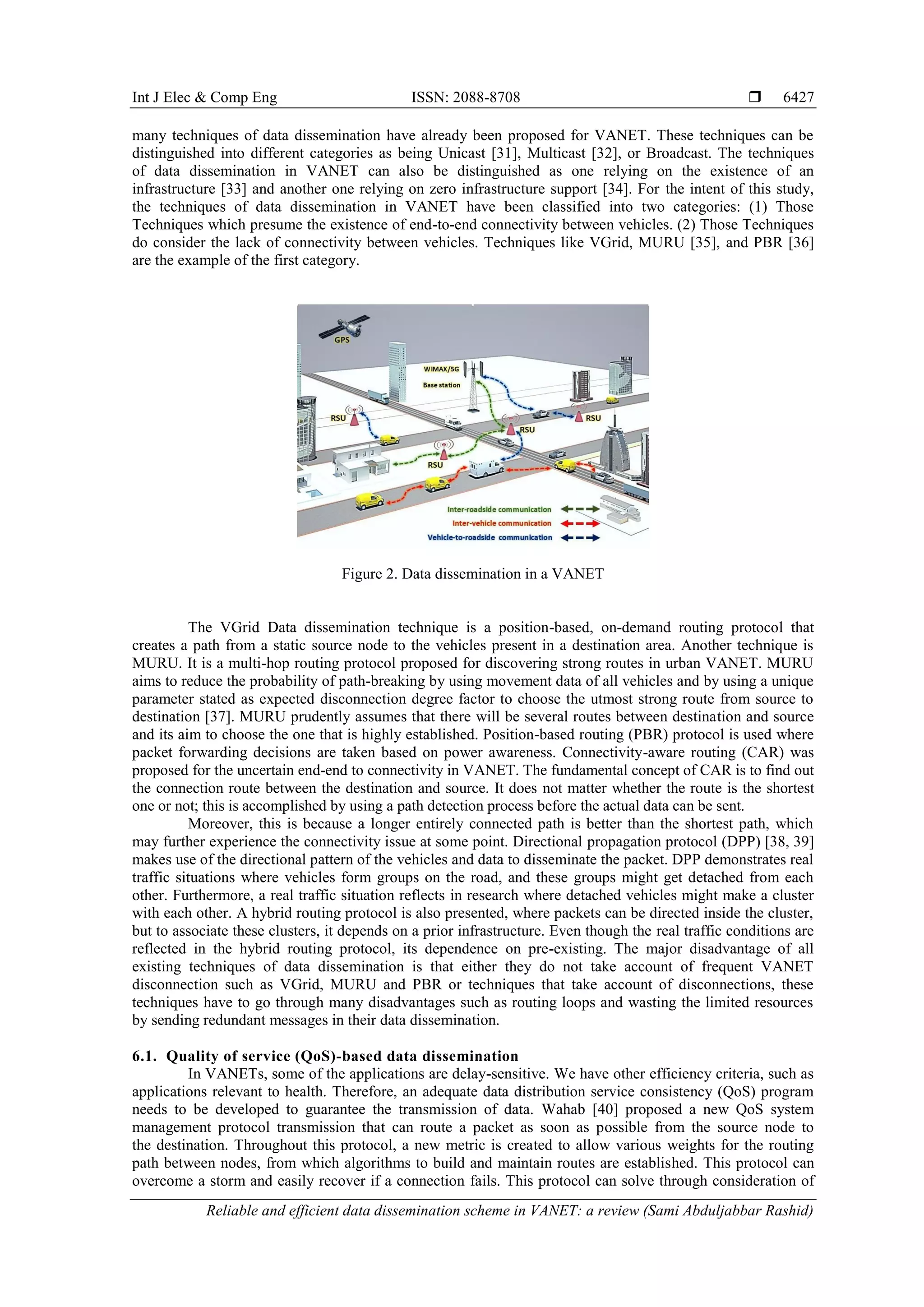 Int J Elec & Comp Eng ISSN: 2088-8708 
Reliable and efficient data dissemination scheme in VANET: a review (Sami Abduljabbar Rashid)
6427
many techniques of data dissemination have already been proposed for VANET. These techniques can be
distinguished into different categories as being Unicast [31], Multicast [32], or Broadcast. The techniques
of data dissemination in VANET can also be distinguished as one relying on the existence of an
infrastructure [33] and another one relying on zero infrastructure support [34]. For the intent of this study,
the techniques of data dissemination in VANET have been classified into two categories: (1) Those
Techniques which presume the existence of end-to-end connectivity between vehicles. (2) Those Techniques
do consider the lack of connectivity between vehicles. Techniques like VGrid, MURU [35], and PBR [36]
are the example of the first category.
Figure 2. Data dissemination in a VANET
The VGrid Data dissemination technique is a position-based, on-demand routing protocol that
creates a path from a static source node to the vehicles present in a destination area. Another technique is
MURU. It is a multi-hop routing protocol proposed for discovering strong routes in urban VANET. MURU
aims to reduce the probability of path-breaking by using movement data of all vehicles and by using a unique
parameter stated as expected disconnection degree factor to choose the utmost strong route from source to
destination [37]. MURU prudently assumes that there will be several routes between destination and source
and its aim to choose the one that is highly established. Position-based routing (PBR) protocol is used where
packet forwarding decisions are taken based on power awareness. Connectivity-aware routing (CAR) was
proposed for the uncertain end-end to connectivity in VANET. The fundamental concept of CAR is to find out
the connection route between the destination and source. It does not matter whether the route is the shortest
one or not; this is accomplished by using a path detection process before the actual data can be sent.
Moreover, this is because a longer entirely connected path is better than the shortest path, which
may further experience the connectivity issue at some point. Directional propagation protocol (DPP) [38, 39]
makes use of the directional pattern of the vehicles and data to disseminate the packet. DPP demonstrates real
traffic situations where vehicles form groups on the road, and these groups might get detached from each
other. Furthermore, a real traffic situation reflects in research where detached vehicles might make a cluster
with each other. A hybrid routing protocol is also presented, where packets can be directed inside the cluster,
but to associate these clusters, it depends on a prior infrastructure. Even though the real traffic conditions are
reflected in the hybrid routing protocol, its dependence on pre-existing. The major disadvantage of all
existing techniques of data dissemination is that either they do not take account of frequent VANET
disconnection such as VGrid, MURU and PBR or techniques that take account of disconnections, these
techniques have to go through many disadvantages such as routing loops and wasting the limited resources
by sending redundant messages in their data dissemination.
6.1. Quality of service (QoS)-based data dissemination
In VANETs, some of the applications are delay-sensitive. We have other efficiency criteria, such as
applications relevant to health. Therefore, an adequate data distribution service consistency (QoS) program
needs to be developed to guarantee the transmission of data. Wahab [40] proposed a new QoS system
management protocol transmission that can route a packet as soon as possible from the source node to
the destination. Throughout this protocol, a new metric is created to allow various weights for the routing
path between nodes, from which algorithms to build and maintain routes are established. This protocol can
overcome a storm and easily recover if a connection fails. This protocol can solve through consideration of
 