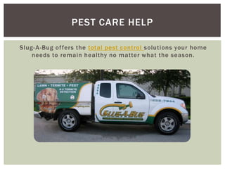 PEST CARE HELP

Slug- A-Bug of fers the total pest control solutions your home
    needs to remain healthy no matter what the season.
 