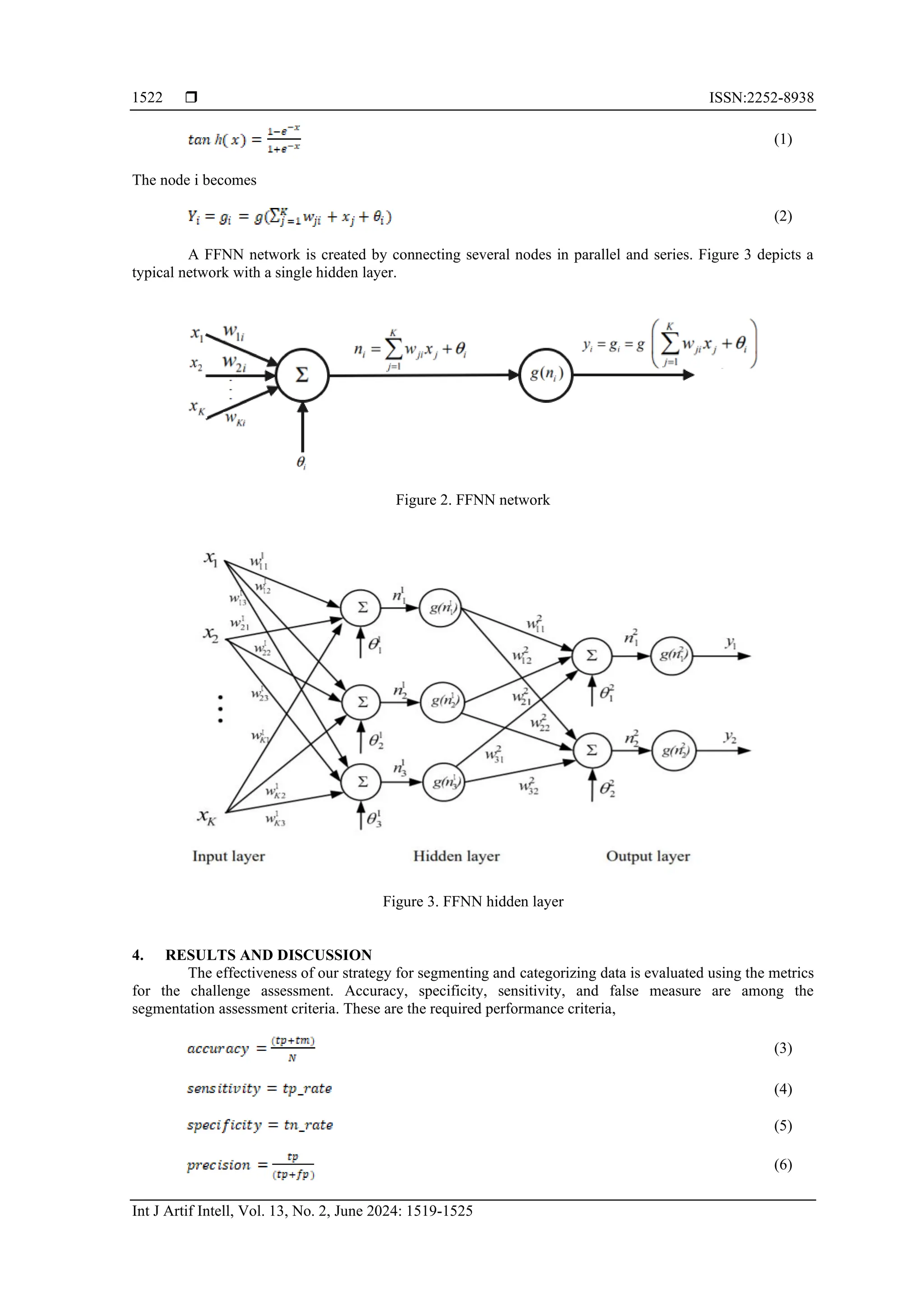  ISSN:2252-8938
Int J Artif Intell, Vol. 13, No. 2, June 2024: 1519-1525
1522
(1)
The node i becomes
(2)
A FFNN network is created by connecting several nodes in parallel and series. Figure 3 depicts a
typical network with a single hidden layer.
Figure 2. FFNN network
Figure 3. FFNN hidden layer
4. RESULTS AND DISCUSSION
The effectiveness of our strategy for segmenting and categorizing data is evaluated using the metrics
for the challenge assessment. Accuracy, specificity, sensitivity, and false measure are among the
segmentation assessment criteria. These are the required performance criteria,
(3)
(4)
(5)
(6)
 