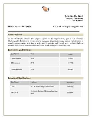 Krunal H. Jain
Company Secretary
ACS: 48001
Mobile No.: +91 9913758574 E-Mail Id: krunaljain345@gmail.com
_______________________________________________________________________________
Career Objective:
To be effectively utilized for targeted goals of the organization, get a skill oriented
Challengeable Position in professionally managed Organization and active participation in
middle management’s activities to arrive at the material and virtual target with the help of
smooth and creative team members and team work for organizational success.
Professional Qualifications:
Qualification Year Score
CS Foundation 2012 315/400
CS Executive 2013 431/700
CS Professional 2015 469/900
Educational Qualifications:
Qualification Institution Percentage
L.L.B. Sir L.A.Shah College, Ahmedabad Pursuing
P.G.D.B.A.
Symbiosis College of Distance Learning,
Pune
Pursuing
 