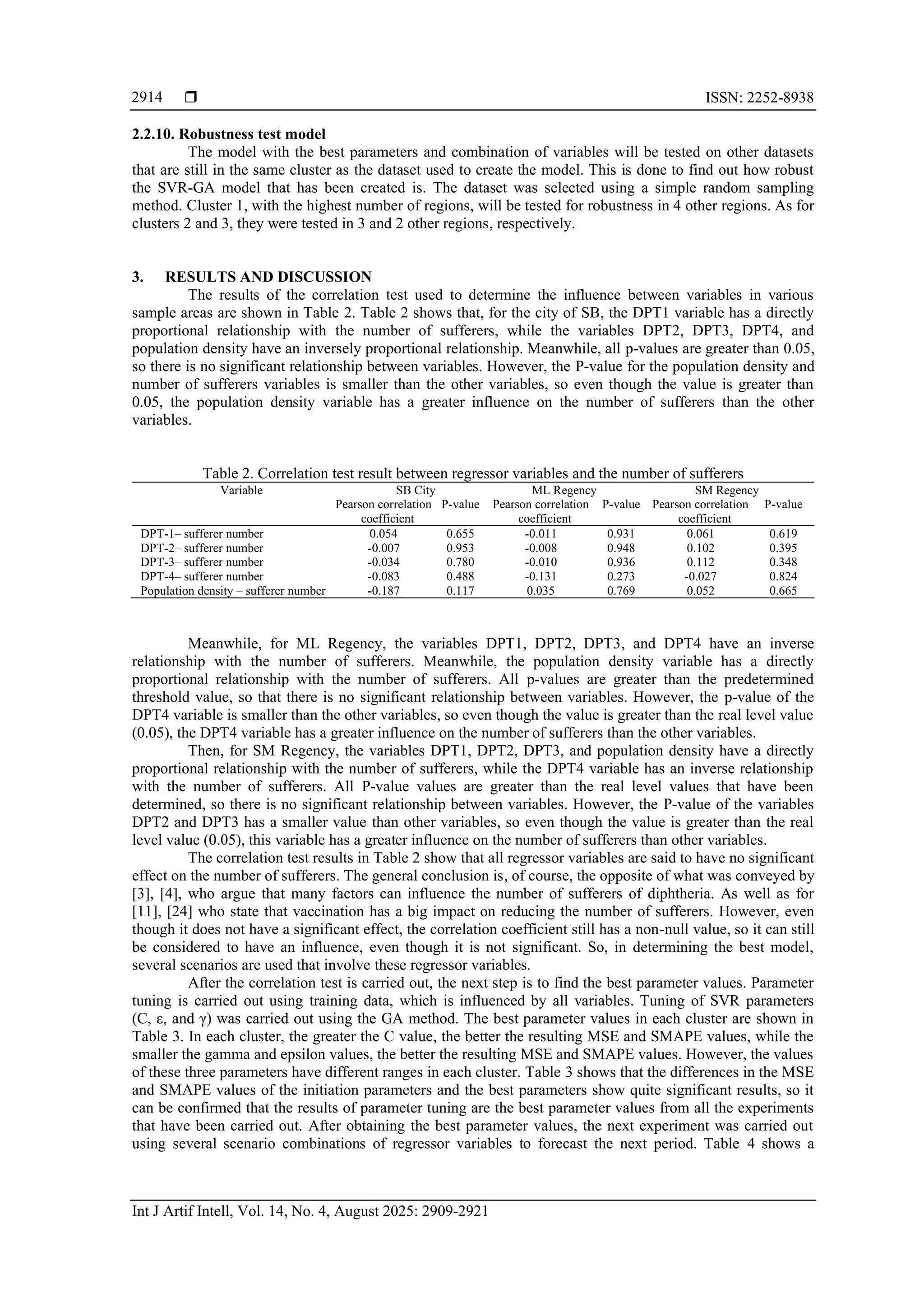  ISSN: 2252-8938 Int J Artif Intell, Vol. 14, No. 4, August 2025: 2909-2921 2914 2.2.10. Robustness test model The model with the best parameters and combination of variables will be tested on other datasets that are still in the same cluster as the dataset used to create the model. This is done to find out how robust the SVR-GA model that has been created is. The dataset was selected using a simple random sampling method. Cluster 1, with the highest number of regions, will be tested for robustness in 4 other regions. As for clusters 2 and 3, they were tested in 3 and 2 other regions, respectively. 3. RESULTS AND DISCUSSION The results of the correlation test used to determine the influence between variables in various sample areas are shown in Table 2. Table 2 shows that, for the city of SB, the DPT1 variable has a directly proportional relationship with the number of sufferers, while the variables DPT2, DPT3, DPT4, and population density have an inversely proportional relationship. Meanwhile, all p-values are greater than 0.05, so there is no significant relationship between variables. However, the P-value for the population density and number of sufferers variables is smaller than the other variables, so even though the value is greater than 0.05, the population density variable has a greater influence on the number of sufferers than the other variables. Table 2. Correlation test result between regressor variables and the number of sufferers Variable SB City ML Regency SM Regency Pearson correlation coefficient P-value Pearson correlation coefficient P-value Pearson correlation coefficient P-value DPT-1– sufferer number 0.054 0.655 -0.011 0.931 0.061 0.619 DPT-2– sufferer number -0.007 0.953 -0.008 0.948 0.102 0.395 DPT-3– sufferer number -0.034 0.780 -0.010 0.936 0.112 0.348 DPT-4– sufferer number -0.083 0.488 -0.131 0.273 -0.027 0.824 Population density – sufferer number -0.187 0.117 0.035 0.769 0.052 0.665 Meanwhile, for ML Regency, the variables DPT1, DPT2, DPT3, and DPT4 have an inverse relationship with the number of sufferers. Meanwhile, the population density variable has a directly proportional relationship with the number of sufferers. All p-values are greater than the predetermined threshold value, so that there is no significant relationship between variables. However, the p-value of the DPT4 variable is smaller than the other variables, so even though the value is greater than the real level value (0.05), the DPT4 variable has a greater influence on the number of sufferers than the other variables. Then, for SM Regency, the variables DPT1, DPT2, DPT3, and population density have a directly proportional relationship with the number of sufferers, while the DPT4 variable has an inverse relationship with the number of sufferers. All P-value values are greater than the real level values that have been determined, so there is no significant relationship between variables. However, the P-value of the variables DPT2 and DPT3 has a smaller value than other variables, so even though the value is greater than the real level value (0.05), this variable has a greater influence on the number of sufferers than other variables. The correlation test results in Table 2 show that all regressor variables are said to have no significant effect on the number of sufferers. The general conclusion is, of course, the opposite of what was conveyed by [3], [4], who argue that many factors can influence the number of sufferers of diphtheria. As well as for [11], [24] who state that vaccination has a big impact on reducing the number of sufferers. However, even though it does not have a significant effect, the correlation coefficient still has a non-null value, so it can still be considered to have an influence, even though it is not significant. So, in determining the best model, several scenarios are used that involve these regressor variables. After the correlation test is carried out, the next step is to find the best parameter values. Parameter tuning is carried out using training data, which is influenced by all variables. Tuning of SVR parameters (C, ε, and γ) was carried out using the GA method. The best parameter values in each cluster are shown in Table 3. In each cluster, the greater the C value, the better the resulting MSE and SMAPE values, while the smaller the gamma and epsilon values, the better the resulting MSE and SMAPE values. However, the values of these three parameters have different ranges in each cluster. Table 3 shows that the differences in the MSE and SMAPE values of the initiation parameters and the best parameters show quite significant results, so it can be confirmed that the results of parameter tuning are the best parameter values from all the experiments that have been carried out. After obtaining the best parameter values, the next experiment was carried out using several scenario combinations of regressor variables to forecast the next period. Table 4 shows a 