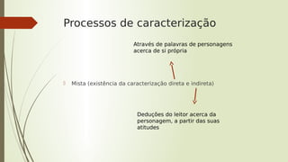 Processos de caracterização
 Mista (existência da caracterização direta e indireta)
Através de palavras de personagens
acerca de si própria
Deduções do leitor acerca da
personagem, a partir das suas
atitudes
 