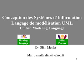 1
Conception des Systèmes d’Information
Langage de modélisation UML
Unified Modeling Language
Dr. Slim Mesfar
Mail : mesfarslim@yahoo.fr
 