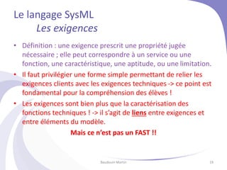Le langage SysML
Les exigences
• Définition : une exigence prescrit une propriété jugée
nécessaire ; elle peut correspondre à un service ou une
fonction, une caractéristique, une aptitude, ou une limitation.
• Il faut privilégier une forme simple permettant de relier les
exigences clients avec les exigences techniques -> ce point est
fondamental pour la compréhension des élèves !
• Les exigences sont bien plus que la caractérisation des
fonctions techniques ! -> il s’agit de liens entre exigences et
entre éléments du modèle.
Mais ce n’est pas un FAST !!
Baudouin Martin 19
 