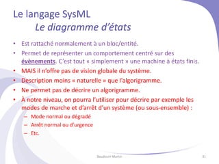 Le langage SysML
Le diagramme d’états
• Est rattaché normalement à un bloc/entité.
• Permet de représenter un comportement centré sur des
évènements. C’est tout « simplement » une machine à états finis.
• MAIS il n’offre pas de vision globale du système.
• Description moins « naturelle » que l’algorigramme.
• Ne permet pas de décrire un algorigramme.
• À notre niveau, on pourra l’utiliser pour décrire par exemple les
modes de marche et d’arrêt d’un système (ou sous-ensemble) :
– Mode normal ou dégradé
– Arrêt normal ou d’urgence
– Etc.
Baudouin Martin 31
 