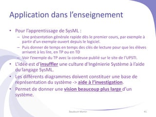 Application dans l’enseignement
• Pour l’apprentissage de SysML :
– Une présentation générale rapide dès le premier cours, par exemple à
partir d’un exemple ouvert depuis le logiciel.
– Puis donner de temps en temps des clés de lecture pour que les élèves
arrivent à les lire, en TP ou en TD
– Voir l’exemple du TP avec la cordeuse publié sur le site de l’UPSTI.
• L’idée est d’insuffler une culture d’Ingénierie Système à l’aide
du langage SysML.
• Les différents diagrammes doivent constituer une base de
représentation du système -> aide à l’investigation.
• Permet de donner une vision beaucoup plus large d’un
système.
Baudouin Martin 41
 