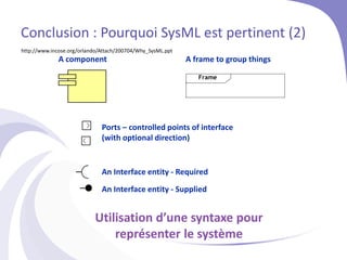 A component
Ports – controlled points of interface
(with optional direction)
Frame
A frame to group things
An Interface entity - Required
An Interface entity - Supplied
Conclusion : Pourquoi SysML est pertinent (2)
http://www.incose.org/orlando/Attach/200704/Why_SysML.ppt
Utilisation d’une syntaxe pour
représenter le système
 