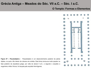 Figura 07 – Pseudodíptero - Pseudodíptero é um desenvolvimento posterior da planta
díptera, na qual a fila interior de colunas era omitida. Esta forma tornou-se muito popular na
fase posterior da arquitetura grega, por volta do século II a.C., e segundo o arquiteto e
engenheiro militar Vitrúvio, foi lançada pelo arquiteto Hermógenes.
Grécia Antiga – Meados do Séc. VII a.C. – Séc. I a.C.
O Templo: Formas e Elementos
 