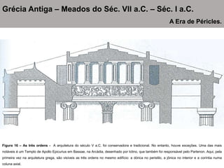 Figura 16 – As três ordens - A arquitetura do século V a.C. foi conservadora e tradicional. No entanto, houve exceções. Uma das mais
notáveis é um Templo de Apollo Epicurius em Bassae, na Arcádia, desenhado por Ictino, que também foi responsável pelo Partenon. Aqui, pela
primeira vez na arquitetura grega, são visíveis as três ordens no mesmo edifício: a dórica no peristilo, a jônica no interior e a coríntia numa
coluna axial.
Grécia Antiga – Meados do Séc. VII a.C. – Séc. I a.C.
A Era de Péricles.
 
