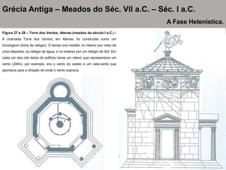 Figura 27 e 28 – Torre dos Ventos, Atenas (meados do século I a.C.) -
A chamada Torre dos Ventos, em Atenas, foi construída como um
horologium (torre de relógio). O tempo era medido no interior por meio de
uma clepsidra, ou relógio de água, e no exterior por um relógio de Sol. Em
cada um dos oito lados do edifício havia um relevo que representava um
vento (Zéfiro, por exemplo, era o vento do oeste) e um cata-vento que
apontava para a direção de onde o vento soprava.
Grécia Antiga – Meados do Séc. VII a.C. – Séc. I a.C.
A Fase Helenística.
 