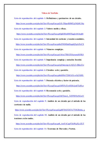 Videos de YouTube
Lista de reproducción del capítulo 1: Definiciones y parámetros de un circuito.
https://www.youtube.com/playlist?list=PLoyqrFaccgn2tX-TI6poBDM7g1NQ4U34g
Lista de reproducción del capítulo 2: Valores medio y eficaz.
https://www.youtube.com/playlist?list=PLoyqrFaccgn0gK0Hmf60FXqqh-b6Argbb
Lista de reproducción del capítulo 3: Intensidad de corriente y tensión senoidales.
https://www.youtube.com/playlist?list=PLoyqrFaccgn0oFWI4HadOqspQ2qAiToCX
Lista de reproducción del capítulo 4: Números complejos.
https://www.youtube.com/playlist?list=PLoyqrFaccgn1A6zc7TKGTlAurumzhiVK8
Lista de reproducción del capítulo 5: Impedancia compleja y notación fasorial.
https://www.youtube.com/playlist?list=PLoyqrFaccgn1pOukompvL1Q2y3-DkknVn
Lista de reproducción del capítulo 6: Circuitos serie y paralelo.
https://www.youtube.com/playlist?list=PLoyqrFaccgn0eHJ8sTTJ6FAX-w1kjYdHL
Lista de reproducción del capítulo 7: Potencia eléctrica y factor de potencia.
https://www.youtube.com/playlist?list=PLoyqrFaccgn1bPFPyT1w0E0e1pnFTaM-p
Lista de reproducción del capítulo 8: Resonancia serie y paralelo.
https://www.youtube.com/playlist?list=PLoyqrFaccgn3ih5TnocL_YZ5PlFOyNGwV
Lista de reproducción del capítulo 9: Análisis de un circuito por el método de las
corrientes de malla.
https://www.youtube.com/playlist?list=PLoyqrFaccgn2ggM7DuYGS7w77OGBmha_q
Lista de reproducción del capítulo 10: Análisis de un circuito por el método de las
tensiones en los nudos.
https://www.youtube.com/playlist?list=PLoyqrFaccgn0_AmYvCqq97dzWqXij-ZUT
Lista de reproducción del capítulo 11: Teoremas de Thevenin y Norton.
 