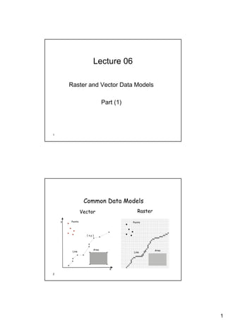 Lecture 06

        Raster and Vector Data Models

                                Part (1)




1




                  Common Data Models
                 Vector                       Raster

    Y   Points                             Points




                   ( x,y )




                         Area                          Area
         Line                              Line




                                   X
2




                                                              1
 