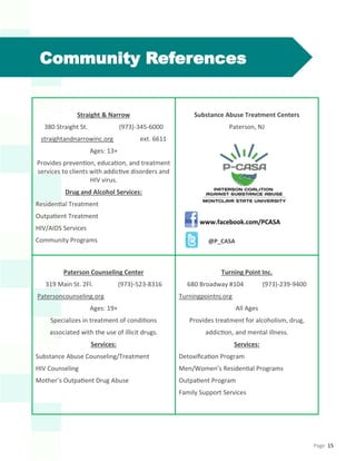 Page 15
Community References
Straight & Narrow
380 Straight St. (973)-345-6000
straightandnarrowinc.org ext. 6611
Ages: 13+
Provides prevention, education, and treatment
services to clients with addictive disorders and
HIV virus.
Drug and Alcohol Services:
Residential Treatment
Outpatient Treatment
HIV/AIDS Services
Community Programs
Substance Abuse Treatment Centers
Paterson, NJ
Paterson Counseling Center
319 Main St. 2Fl. (973)-523-8316
Patersoncounseling.org
Ages: 19+
Specializes in treatment of conditions
associated with the use of illicit drugs.
Services:
Substance Abuse Counseling/Treatment
HIV Counseling
Mother’s Outpatient Drug Abuse
Turning Point Inc.
680 Broadway #104 (973)-239-9400
Turningpointnj.org
All Ages
Provides treatment for alcoholism, drug,
addiction, and mental illness.
Services:
Detoxification Program
Men/Women’s Residential Programs
Outpatient Program
Family Support Services
@P_CASA
www.facebook.com/PCASA
 
