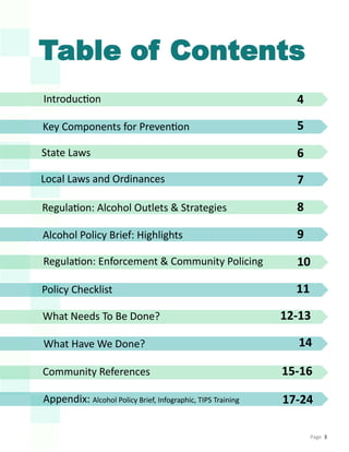 Page 3
15-16
What Needs To Be Done?
What Have We Done?
Policy Checklist 11
12-13
14
Community References
Regulation: Enforcement & Community Policing
8
Alcohol Policy Brief: Highlights 9
10
Regulation: Alcohol Outlets & Strategies
Local Laws and Ordinances 7
6State Laws
4Introduction
Key Components for Prevention 5
Table of Contents
Appendix: Alcohol Policy Brief, Infographic, TIPS Training 17-24
 