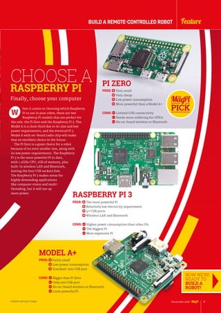 CHOOSE A
RASPBERRY PI
hen it comes to choosing which Raspberry
Pi to use in your robot, there are two
Raspberry Pi models that are perfect for
the role: the Pi Zero and the Raspberry Pi 3. The
Model A is a close third due to its size and low
power requirements, and the eventual Pi 3
Model A with on-board radio chip will make
that an excellent choice in the future.
The Pi Zero is a great choice for a robot
because of its even smaller size, along with
its low power requirements. The Raspberry
Pi 3 is the most powerful Pi to date,
with 1.2GHz CPU, 1GB of memory, plus
built-in wireless LAN and Bluetooth,
leaving the four USB sockets free.
The Raspberry Pi 3 makes sense for
highly demanding applications
like computer vision and multi-
threading, but it will use up
more power.
W
Finally, choose your computer
PI ZERO
PROS:  Very small
Very cheap
Low power consumption
More powerful than a Model A+
CONS:  Limited USB connectivity
Needs more soldering for GPIOs
No on-board wireless or Bluetooth
RASPBERRY PI 3
PROS:  The most powerful Pi
Relatively low electricity requirement
4× USB ports
Wireless LAN and Bluetooth
CONS:  Higher power consumption than other Pis
The biggest Pi
Most expensive Pi
MODEL A+
PROS:  Fairly small
Low power consumption
Standard-size USB port
CONS:  Bigger than Pi Zero
Only one USB port
No on-board wireless or Bluetooth
Least powerful Pi
NOW WE’RE
READY TO
BUILD A
ROBOT!
raspberrypi.org/magpi 19November 2016raspberrypi.org/magpi
FeatureBUILD A REMOTE-CONTROLLED ROBOT
 