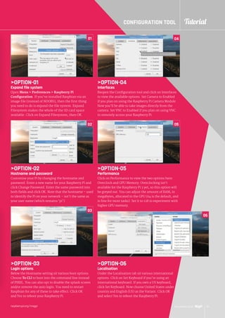 raspberrypi.org/magpi 45xxxxx 2016
Tutorial
raspberrypi.org/magpi
01
CONFIGURATION TOOL
OPTION-01
Expand file system
Open Menu  Preferences  Raspberry Pi
Configuration. If you’ve installed Raspbian via an
image file (instead of NOOBS), then the first thing
you need to do is expand the file system. Expand
Filesystem makes the whole of the SD card space
available. Click on Expand Filesystem, then OK.
OPTION-02
Hostname and password
Customise your Pi by changing the hostname and
password. Enter a new name for your Raspberry Pi and
click Change Password. Enter the same password into
both fields and click OK. Note that the hostname – used
to identify the Pi on your network – isn’t the same as
your user name (which remains ‘pi’).
OPTION-03
Login options
Below the Hostname setting sit various boot options.
Choose To CLI to boot into the command line instead
of PIXEL. You can also opt to disable the splash screen
and/or remove the auto login. You need to restart
Raspbian for any of these to take effect. Click OK
and Yes to reboot your Raspberry Pi.
02
03
OPTION-04
Interfaces
Reopen the Configuration tool and click on Interfaces
to view the available options. Set Camera to Enabled
if you plan on using the Raspberry Pi Camera Module.
Now you’ll be able to take images directly from the
camera. Set VNC to Enabled if you plan on using VNC
to remotely access your Raspberry Pi.
OPTION-05
Performance
Click on Performance to view the two options here:
Overclock and GPU Memory. Overclocking isn’t
available for the Raspberry Pi 3 yet, so this option will
be greyed out. You can adjust the amount of RAM, in
megabytes, allocated to the GPU (64 is the default, and
is fine for most tasks). Set it to 128 to experiment with
higher GPU memory.
OPTION-06
Localisation
Under the Localisation tab sit various international
options. Click on Set Keyboard if you’re using an
international keyboard. If you own a US keyboard,
click Set Keyboard. Now choose United States under
country and English (US) as the Variant. Click OK
and select Yes to reboot the Raspberry Pi.
05
06
04
45November 2016
 