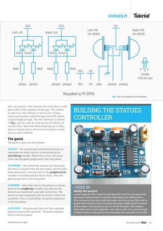 Tutorial
raspberrypi.org/magpi 55November 2016
pull-up resistors. The indicator for each side is a red/
green LED of the common anode type. This means
to turn it on, the GPIO pin is set to zero. Using a
150Ω resistor gives 10mA through each LED, which
is quite bright enough. The full schematic is shown
in Fig 1; see the step-by-step section for details of
construction. Note that when powering up, it takes
about a minute before the sensors respond, as they
have to auto-calibrate.
The game
The game is split into four phases:
1) SETUP – the sensors wait until there has been no
movement on either side for a time given by the
startDelay variable. When this occurs, the music
starts and the game progresses to the next phase.
2) RUNNING – the movement sensors are monitored,
the music is looped if the file has ended, and the LEDs
show movement, until the time in the playDuration
variable is exceeded and the music stops. Then the
game progresses to the next phase.
3) WINNER – when the time for the players to freeze,
given in the stopDelay variable, has expired, the
sensors are monitored to see who moves first. The
winner is then displayed and the winner’s LED is lit
up yellow. After a small delay, the game progresses
to the last phase.
4) RESTART – the game will halt until the computer
operator presses the space bar. The game now goes
back to the first phase.
STATUES PI
Right LED
3V3 3V3 5V
Left LED
Left PIR
HC-SR501
Right PIR
HC-SR501
Red RedGreen Green
GPIO4 GPIO17 GPIO27 GPIO22
3V3
3V3
5V
5V GPIO18 GPIO23
150R 150R 150R 150R R G
Anode
LED pin out
Raspberry Pi GPIO
GND
BUILDING THE STATUES
CONTROLLER
STEP-01
Modify the sensors
Locate capacitor CY1, under the pot delay RT1; and CY2, just above the
ground pin. Remove them by quickly alternating your soldering iron
from one end to the other until both ends melt and you can flick it off or
grab it with tweezers. Clean the pads with some solder braid to remove
all the solder; work quickly so you do not lift the pads. Then replace
them with a 1nF to 1.5nF capacitor– we used a 1.2nF. Cut a 30mm length
of 18mm by 6mm strip pine for the mounting stick and paint it if you like.
Fig 1 The circuit diagrams for the project
 