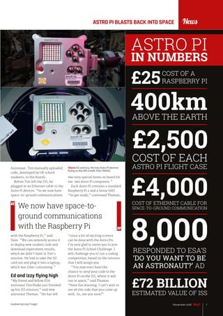 raspberrypi.org/magpi 7November 2016
NewsASTRO PI BLASTS BACK INTO SPACE
Astronaut. Tim manually uploaded
code, developed by UK school
students, to the boards.
Before Tim left the ISS, he
plugged in an Ethernet cable to the
Astro Pi devices. “So we now have
space-to-ground communications
with the Raspberry Pi,” said
Dave. “We can remotely access it
to deploy new student code and
download experiment results,
which we didn’t have in Tim’s
mission. He had to take the SD
card out and plug it into a laptop,
which was time-consuming.”
Ed and Izzy flying high
“My friend and fellow ESA
astronaut Tim Peake just finished
up his ISS mission,” said new
astronaut Thomas. “He has left
Above Ed and Izzy, the two Astro Pi devices
flying on the ISS (credit: ESA/NASA)
7November 2016
two very special items on board for
me: two Astro Pi computers.”
Each Astro Pi contains a standard
Raspberry Pi 2 and a Sense HAT.
“So get ready,” continued Thomas,
“since a lot of exciting science
can be done with the Astro Pis.
I’m very glad to invite you to join
the Astro Pi School Challenge. I
will challenge you to run a coding
competition, based on the mission
that I will assign you.
“You may even have the
chance to send your code to the
Astro Pi on the ISS, where it will
run in space,” said Thomas.
“Have fun learning. I can’t wait to
see all the code that you come up
with. So, see you soon!”
We now have space-to-
ground communications
with the Raspberry Pi
ASTRO PI
IN NUMBERS
RESPONDED TO ESA’S
‘DO YOU WANT TO BE
AN ASTRONAUT?’ AD
 