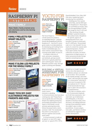 raspberrypi.org/magpi82 November 2016
Review BOOKS
From Siri to Tony
Stark’s Jarvis,
everyone is speaking
to virtual assistants, but how about
creating your own? Tanay Pant’s
concise guide does just that and,
despite the slightly grating (but
presumably postmodern ironic)
aspect of the female-voiced
assistant greeting those who
follow the project with a 1960s
assistant-style “Hi, handsome”,
bear with it as the project is
well put together and actually
quite useful.
A virtual assistant is made up
of speech-to-text (STT), logic,
and text-to-speech (TTS). STT is
Author: Tany Pant
Publisher: Apress
Price: £14.99
ISBN: 978-1484221662
magpi.cc/2evszRu
BUILDING A VIRTUAL
ASSISTANT FOR
RASPBERRY PI
farmed out to Google’s powerful
service, but other options are
considered, and you can substitute
in one of them. TTS is provided
by the eSpeak package, and some
basic code soon gets the reader
in ‘conversation’ with the Pi
(once you’ve acquired a USB
microphone for it!). The rest
of the book builds the logic
layer to add to the assistant’s
accomplishments.
All code is in Python, and a
lot of conversation depends
on if-elif-else statements. Siri-
style look-ups of definitions
from Wikipedia, or the day’s
weather or business news, form
the basics, but adding Selenium
testing of your website(s) opens
the reader’s eyes to other
possibilities. A music player,
note taker, and Twitter interface
are followed by suggestions for
further development.
FAMILY PROJECTS FOR
SMART OBJECTS
Sensors, communication, and
the whole Internet of Things
encapsulated in simple and
fun projects you can do with
your children. Code is provided,
so even beginners can try the
projects out.
Author: John Keefe
Publisher: Maker Media
Price: £14.50
ISBN: 978-1680451238
magpi.cc/2evoL2V
The Yocto Project is
a build system for products
on embedded devices – popular
boards like BeagleBoard and the
Raspberry Pi – and the Pi’s extra
grunt makes it an ideal platform
for developing and trialling Yocto
builds of embedded apps, in a
more realistic environment than
running inside QEMU on your PC.
A complex collection of
tools, processes, templates,
and methods, getting started
with Yocto is greatly aided by a
well-ordered guide. Texier and
Mabäcker provide a step-through
guide to working with BitBake,
YOCTO FOR
RASPBERRY PI
Author: Pierre-Jean
Texier, Petter Mabäcker
Publisher: Packt
Price: £23.99
ISBN: 978-1785281952
magpi.cc/2evoD38
A lovingly presented collection
of craft-meets-electronics
that will enthral and enthuse
your mini-makers. Projects
include firefly nightlights,
light-up tote bags, fairy wings,
thunderclouds, a superhero
cape, and more.
Felt, paper, and card meet
LEDs, resistors, and the
good old 555 timer chip, in
a collection of projects kids
will enjoy making and using
– without realising they’re
learning, too.
Authors: Emily Coker, Kelli Townley
Publisher: Maker Media
Price: £14.50
ISBN: 978-1680451054
magpi.cc/2evo9dC
Authors: Ji Sun Lee, Jaymes Dec
Publisher: Maker Media
Price: £14.50
ISBN: 978-1680451771
magpi.cc/2evspJS
OpenEmbedded-Core, Poky, BSP
(the meta-raspberrypi layer),
introducing Yocto workflow,
building your first system
with Poky, and the BSP layer
for Raspberry Pi. These layers
are assembled as recipes, then
put through BitBake to build
the image for the Pi’s SD card.
After working through
BitBake’s powerful features,
the authors look at Raspberry
Pi-specific aspects of
developing with Yocto, and
introduce a project to work with
the Pi’s GPIO pins. The provided
code is in C, but shouldn’t be too
much of a stretch for anyone with
programming basics. Further
Yocto layers follow, built of
collections of recipes, for better
organisation of larger projects. A
home automation project brings
together everything learned.
MAKE IT GLOW: LED PROJECTS
FOR THE WHOLE FAMILY
MAKE: TECH DIY: EASY
ELECTRONICS PROJECTS FOR
PARENTS AND KIDS
RASPBERRY PI
BESTSELLERS
Maker Media’s family-oriented series
puts electronics and fun into learning
and playing
Score
Score
MAKE FAMILY
 