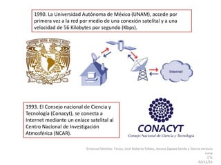 1990. La Universidad Autónoma de México (UNAM), accede por
primera vez a la red por medio de una conexión satelital y a una
velocidad de 56 Kilobytes por segundo (Kbps).
Emanuel Sánchez Farías, José Roberto Febles, Jessica Zapata Sonda y Danna ventura
Luna
1°G
02/12/16
1993. El Consejo nacional de Ciencia y
Tecnología (Conacyt), se conecta a
Internet mediante un enlace satelital al
Centro Nacional de Investigación
Atmosférica (NCAR).
 