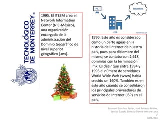 Emanuel Sánchez Farías, José Roberto Febles,
Jessica Zapata Sonda y Danna ventura Luna
1°
02/12716
1995. El ITESM crea el
Network Information
Center (NIC-México),
una organización
encargada de la
administración del
Dominio Geográfico de
nivel superior
geográfico (.mx).
1996. Este año es considerado
como un parte aguas en la
historia del internet de nuestro
país, pues para diciembre del
mismo, se contaba con 2,618
dominios con la terminación
.mx. Es decir que entre 1994 y
1995 el número de servidores
World Wide Web (www) había
crecido un 160%. También es en
este año cuando se consolidaron
los principales proveedores de
servicios de Internet (ISP) en el
país.
 