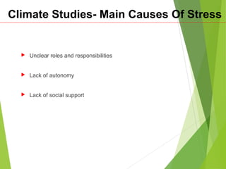 Climate Studies- Main Causes Of Stress
 Unclear roles and responsibilities
 Lack of autonomy
 Lack of social support
 