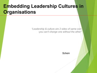 “Leadership & culture are 2 sides of same coin
-you can’t change one without the other”
Schein
Embedding Leadership Cultures in
Organisations
 