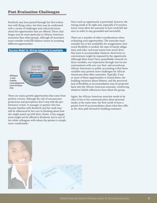 Howard University School of Business Center for Accounting Education 	 21
Post Evaluation Challenges
Kimberly may have passed through her first evalua-
tion with flying colors, but then may be confronted
with a variety of challenges and critical decisions
about the opportunities that are offered. These chal-
lenges may be more particular to African American
associates than other groups, although all associates
must consider work/life balance issues in accepting
different opportunities.
ASSOCIATE IS PREPARED AND
CONTINUES...
Candidate Success Cycle
Timing and
availability of
assignment
» Willingness
to travel
» Flexibility
» Family obligation/role
» Career life fit/pace
» Drive
MERITOCRACY
EVALUATION
BUILDING
EMINENCE
Success Model for African American Accountants
There are many growth opportunities that come from
positive reviews, although the risk of unconscious
projections and perceptions don’t stop with the per-
formance review. A manager or partner who has
become familiar with Kimberly and her work may
still be influenced by her race in thinking about how
she might match up with their clients. A key engage-
ment might not be offered to Kimberly, but to one of
her white colleagues with whom the partner is simply
more ‘comfortable.’
Once such an opportunity is presented, however, the
timing needs to be right and, especially if it involves
travel, must allow the associate to have work/life bal-
ance in order to stay grounded and successful.
There are a number of other considerations when
evaluating such opportunities. The associate must
consider his or her availability for assignments, how
much flexibility is needed, the state of family obliga-
tions and roles, and must assess how much drive
they have to accommodate whatever short-term in-
conveniences might be imposed by the opportunity.
Although there hasn’t been quantifiable research on
these variables, our impression through one-on-one
conversations with over 500 first- and second-year
African Americans in public accounting is that these
variables may present more challenges for African
Americans than other associates. Typically, if one
or more of these opportunities is turned down, the
building eminence phase flattens, and the perceived
lack of flexibility or accommodation may be projected
back onto the African American associate, reinforcing
whatever beliefs influencers have about the group.
Again, the African American associate needs to be
clear in his or her communication about personal
needs; at the same time, the firm needs to have a
greater level of accommodation about what they offer
as the clear path forward to building eminence.
 