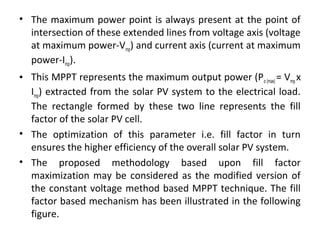 • The maximum power point is always present at the point of
intersection of these extended lines from voltage axis (voltage
at maximum power-Vmp) and current axis (current at maximum
power-Imp).
• This MPPT represents the maximum output power (Po (max) = Vmp x
Imp) extracted from the solar PV system to the electrical load.
The rectangle formed by these two line represents the fill
factor of the solar PV cell.
• The optimization of this parameter i.e. fill factor in turn
ensures the higher efficiency of the overall solar PV system.
• The proposed methodology based upon fill factor
maximization may be considered as the modified version of
the constant voltage method based MPPT technique. The fill
factor based mechanism has been illustrated in the following
figure.

 