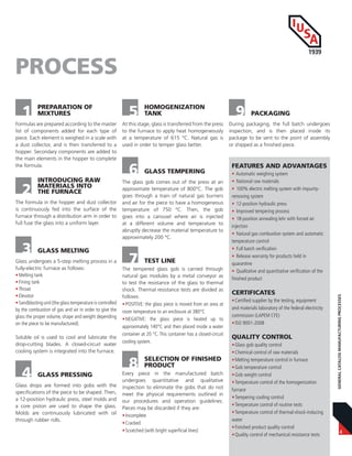 4
GENERALCATALOGMANUFACTURINGPROCESSES
Formulas are prepared according to the master
list of components added for each type of
piece. Each element is weighed in a scale with
a dust collector, and is then transferred to a
hopper. Secondary components are added to
the main elements in the hopper to complete
the formula.
1 PREPARATION OF
MIXTURES
PROCESS
2
INTRODUCING RAW
MATERIALS INTO
THE FURNACE
The formula in the hopper and dust collector
is continuously fed into the surface of the
furnace through a distribution arm in order to
full fuse the glass into a uniform layer.
3 GLASS MELTING
Glass undergoes a 5-step melting process in a
fully-electric furnace as follows:
•Melting tank
•Fining tank
•Throat
•Elevator
•Sandblasting unit (the glass temperature is controlled
by the combustion of gas and air in order to give the
glass the proper volume, shape and weight depending
on the piece to be manufactured).
Soluble oil is used to cool and lubricate the
drop-cutting blades. A closed-circuit water
cooling system is integrated into the furnace.
4 GLASS PRESSING
Glass drops are formed into gobs with the
specifications of the piece to be shaped. Then,
a 12-position hydraulic press, steel molds and
a core piston are used to shape the glass.
Molds are continuously lubricated with oil
through rubber rolls.
5 HOMOGENIZATION
TANK
At this stage, glass is transferred from the press
to the furnace to apply heat homogeneously
at a temperature of 615 °C. Natural gas is
used in order to temper glass better.
8 SELECTION OF FINISHED
PRODUCT
Every piece in the manufactured batch
undergoes quantitative and qualitative
inspection to eliminate the gobs that do not
meet the physical requirements outlined in
our procedures and operation guidelines.
Pieces may be discarded if they are:
•Incomplete
•Cracked
•Scratched (with bright superficial lines)
6 GLASS TEMPERING
The glass gob comes out of the press at an
approximate temperature of 800°C. The gob
goes through a train of natural gas burners
and air for the piece to have a homogeneous
temperature of 750 °C. Then, the gob
goes into a carousel where air is injected
at a different volume and temperature to
abruptly decrease the material temperature to
approximately 200 °C.
7 TEST LINE
The tempered glass gob is carried through
natural gas modules by a metal conveyor as
to test the resistance of the glass to thermal
shock. Thermal resistance tests are divided as
follows:
•POSITIVE: the glass piece is moved from an area at
room temperature to an enclosure at 380°C
•NEGATIVE: the glass piece is heated up to
approximately 140°C and then placed inside a water
container at 20 °C. This container has a closed-circuit
cooling system.
9 PACKAGING
During packaging, the full batch undergoes
inspection, and is then placed inside its
package to be sent to the point of assembly
or shipped as a finished piece.
FEATURES AND ADVANTAGES
• Automatic weighing system
• National raw materials
• 100% electric melting system with impurity-
removing system
• 12-position hydraulic press
• Improved tempering process
• 18-position annealing lehr with forced air
injection
• Natural gas combustion system and automatic
temperature control
• Full batch verification
• Release warranty for products held in
quarantine
• Qualitative and quantitative verification of the
finished product
CERTIFICATES
•Certified supplier by the testing, equipment
and materials laboratory of the federal electricity
commission (LAPEM CFE)
•ISO 9001-2008
QUALITY CONTROL
•Glass gob quality control
•Chemical control of raw materials
•Melting temperature control in furnace
•Gob temperature control
•Gob weight control
•Temperature control of the homogenization
furnace
•Tempering cooling control
•Temperature control of routine tests
•Temperature control of thermal-shock-inducing
water
•Finished product quality control
•Quality control of mechanical resistance tests
 