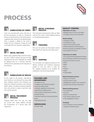6
GENERALCATALOGMANUFACTURINGPROCESSES
Cores are manufactured using cold box or
hot box techniques, as well as a compound
mixture of silica and resins. Pneumatic pressure
is applied while casting into the desired shape.
Then, a catalyst is added to the mold to
harden the iron compound. Finally, the mold
is removed after the metal has cooled down.
1 FABRICATION OF CORES
PROCESS
2 METAL MELTING
Metal scraps, graphite flakes and ferro-silicon
are cast in order to obtain the gray iron alloy
requested by the client. Materials are melted
by applying heat to a core-free induction
melting furnace operating at the frequency of
the network.
3 FABRICATION OF MOLDS
At this stage of the process, high-density
sand molds are manufactured by pressurized
blow molding machines that compress and
shape the materials according to the selected
pattern plates. The plates are placed opposite
from one another to create a two-face mold
with vertical injection.
4 METAL TREATMENT
PROCESS
Graphite flakes from the cast iron base
are turned into nodes (pellets) through
the incorporation of a ferrous alloy with
magnesium.
5 METAL STRAINING
PROCESS
The previously manufactured molds are filled
with cast iron, which is then treated according
to the desired specifications.
6 FINISHING
The cast iron pieces are thoroughly cleaned
from superficial impurities and rough seams.
7 SHIPPING
The cast pieces are shipped according to the
delivery schedule and conditions previously
agreed on with the client in order for
the supplied materials to be available for
subsequent manufacturing processes.
FEATURES AND
ADVANTAGES
•Compliance in size.
•Compliance with production standards.
•Dual-track melting process.
•Automatic molding and coring process .
•High-efficiency molding process.
•Semi-automatic casting process with timer-
controlled straining.
•Permanent supervision during manufacturing
process.
•High-quality warranty.
CERTIFICATES
•ISO 9001 2008
QUALITY CONTROL
Fabrication of cores:
•Regulated amount of resins and catalyst.
•Controlled curing time and temperature.
Metal melting:
•Calculation of loads.
•Classification of scraps.
•Initial and final chemical control.
•Melting temperature control through an
immersion pyrometer that regulates the metal
volume injected into the line.
Fabrication of molds:
•The mold manufacturing equipment operates
with the following components and parameters
according to the pieces to be cast:
•Plates.
•Width.
•Core.
•Pressure.
•Speed.
•Compressibility.
Metal treatment process:
•Magnesium ferrosilicon.
•Inoculant amount control.
•Metallographic analysis to test materials for
compliance with the client’s requirements.
Metal straining process:
•Cast temperature.
•Cast time.
•Number of strained molds.
•Final chemical analysis per piece.
•Final metallographic structure.
Finishing:
•Visual inspection of surface cleanliness.
•Separation of defective pieces.
 