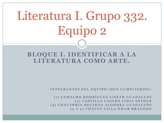 Bloque I. Identificar a la literatura como arte. Integrantes del equipo (que cumplieron): (1) Camacho rodríguez liseth Guadalupe (2) Castillo Castro lidia Esther (4) Chavarría Beltrán alondra Guadalupe (3 y 5) Chávez villa Omar Brandon Literatura I. Grupo 332. Equipo 2 