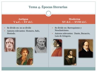 Tema 4. Épocas literariasSe divide en: no se divideAutores relevantes: Homero, Safo, Hesiodo.Se divide en: Barroquismo y Neoclasicismo.Autores relevantes:  Dante, Bocaccio, Luis de Góngora.AntiguaV a.C. – XV d.C. ModernaXV d.C. – XVIII d.C. 