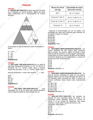 U
STO
M
A
R
A
U
G
U
STO
PR
O
F.G
ILM
A
R
A
U
G
U
STO
PR
O
F.G
ILM
A
R
A
U
G
U
STO
PR
O
F.G
ILM
A
R
A
U
G
U
STO
PR
O
F.G
ILM
A
R
A
U
G
U
STO
PR
O
F.G
ILM
A
R
A
U
G
U
STO
PR
O
F.G
ILM
A
R
A
U
G
U
STO
PR
O
F.G
ILM
A
R
A
U
PR
O
F.G
ILM
A
R
A
U
G
U
STO
PR
O
F.G
ILM
A
R
A
U
G
U
STO
PR
O
F.G
ILM
A
R
A
U
G
U
STO
PR
O
F.G
ILM
A
R
A
U
G
U
STO
PR
O
F.G
ILM
A
R
A
U
G
U
STO
PR
O
F.G
ILM
A
R
A
U
G
U
ST
PR
O
F.G
ILM
A
R
FRAÇÃO
FRAÇÃO
48. (ESCRIT.CEF-1998-FCC) A figura seguinte é formada
por 4 triângulos de mesmo tamanho, alguns dos quais
estão subdivididos em 9 triangulozinhos de mesmo
tamanho.
A que fração do total corresponde a parte sombreada na
figura?
a) 11/12
b) 1/2
c) 7/9
d) 4/9
e) 2/3
GABARITO:d)
FRAÇÃO
16. (TÉC.JUDIC.-TRE-ACRE-2003-FCC) Em um dado de
seis faces marcamos os números 2, -1/2, 1/2, 3/4, 2 e 3.
Indicando por x o número obtido após o primeiro
lançamento do dado, e por y o número obtido após o
segundo lançamento, o maior valor possível y
x
−
1
será
(A) 5
(B) 4
(C) 10/3
(D) 7/3
(E) 3/2
GABARITO: B
FRAÇÃO
17. (TÉC.JUDIC.-TRE-ACRE-2003-FCC) Uma
embalagem de 14 kg de ração para animal doméstico
indica a seguinte tabela de recomendação de uso:
Seguindo a recomendação de uso da tabela, uma
embalagem de ração será suficiente para alimentar um
animal de 13 kg por, no máximo,
(A) 20 dias.
(B) 38 dias.
(C) 46 dias.
(D) 50 dias.
(E) 54 dias.
GABARITO: ????
FRAÇÃO
20. (AUX.SERV.CAMPO-MARANHÃO-2005-FCC) Um
mesmo caminhão fez três viagens para transportar
alguns animais. Na primeira viagem foi levada a terça
parte do total de animais e, a cada viagem subseqüente,
a terça parte do número restante. Se após as três viagens
16 animais deixaram de ser transportados, o número de
animais que havia inicialmente era
(A) 54
(B) 56
(C) 60
(D) 64
(E) 68
Resposta: alternativa A
FRAÇÃO
18. (AUX.SERV.CAMPO-MARANHÃO-2005-FCC) Do
total de animais confinados em parte de uma reserva
florestal, sabe-se que 2/5 foram vacinados em 2004 e os
105 restantes serão vacinados em 2005. O número de
animais confinados nessa reserva está compreendido
entre
(A) 100 e 150
(B) 150 e 180
(C) 180 e 210
(D) 210 e 250
(E) 250 e 300
Resposta: alternativa B
FRAÇÃO
17. (AUX.JUD.-TRF-1ª-2001-FCC) No depósito de
material de uma carpintaria havia 36 trincos e 24
maçanetas. Foram utilizados metade do número de
trincos e 1/3 do número de maçanetas. Das peças
restantes, a razão entre o número de trincos e o de
maçanetas, nessa ordem, é
(A) 9/8
(B) 5/4
(C) 3/2
(D) 7/4
(E) 2
Resposta: alternativa A
 