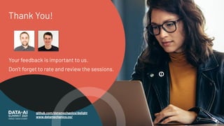 Thank You!
Your feedback is important to us.
Don’t forget to rate and review the sessions.
github.com/datamechanics/delight
www.datamechanics.co/
 