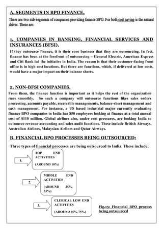 A. SEGMENTS IN BPO FINANCE.




1. COMPANIES IN BANKING, FINANCIAL SERVICES AND
INSURANCES (BFSI).
If they outsource finance, it is their core business that they are outsourcing. In fact,
finance has been at the forefront of outsourcing – General Electric, American Express
and Citi Bank led the initiative in India. The reason is that their customer-facing front
office is in high cost locations. But there are functions, which, if delivered at low costs,
would have a major impact on their balance sheets.



2. NON-BFSI COMPANIES.
From them, the finance function is important as it helps the rest of the organization
runs smoothly. So such a company will outsource functions likes sales orders
processing, accounts payable, receivable managements, balance-sheet management and
cash management. For instance, a US based industrial major currently evaluating
finance BPO companies in India has 850 employees looking at finance at a total annual
cost of $110 million. Global airlines also, under cost pressures, are looking India to
outsource revenue accounting and sales audit functions. These include British Airways,
Australian Airlines, Malaysian Airlines and Qatar Airways.

B. FINANCIAL BPO PROCESSES BEING OUTSOURCED:
Three types of financial processes are being outsourced to India. These include:
                 TOP      END
                 ACTIVITIES
      1.
                 (AROUND 10%)


                       MIDDLE     END
                       ACTIVITIES
            2.
                       (AROUND     25%-
                       33%)

                            CLERICAL LOW END
                  3.        ACTIVITIES
                                                        Fig.15: Financial BPO process
                            (AROUND 65%-75%)            being outsourced
                                                                                          26
 