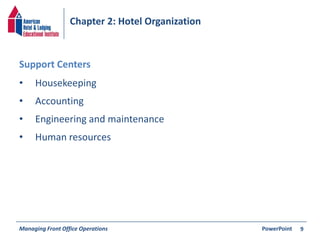 Chapter 2: Hotel Organization 
• Housekeeping 
• Accounting 
• Engineering and maintenance 
• Human resources 
Managing Front Office Operations PowerPoint 
9 
Support Centers 
 