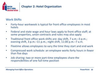 Chapter 2: Hotel Organization 
• Forty-hour workweek is typical for front office employees in most 
hotels 
• Federal and state wage and hour laws apply to front office staff; at 
some properties, union contracts and rules may also apply 
• Traditional front office work shifts are: day shift, 7 a.m.–3 p.m.; 
evening shift, 3 p.m.–11 p.m.; night shift, 11:00 p.m.–7 a.m. 
• Flextime allows employees to vary the time they start and end work 
• Compressed work schedule: an employee works forty hours in fewer 
than five days 
• Job sharing: two or more part-time employees share the 
responsibilities of one full-time position 
Managing Front Office Operations PowerPoint 
30 
Work Shifts 
 