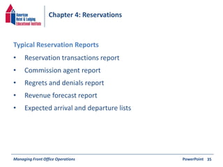 Chapter 4: Reservations 
• Reservation transactions report 
• Commission agent report 
• Regrets and denials report 
• Revenue forecast report 
• Expected arrival and departure lists 
Managing Front Office Operations PowerPoint 
35 
Typical Reservation Reports 
 