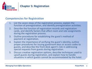 Chapter 5: Registration 
Competencies for Registration 
1. List the seven steps of the registration process, explain the 
function of preregistration, and identify preregistration activities. 
2. Describe the function of registration records and registration 
cards, and identify factors that affect room and rate assignments 
during the registration process. 
3. Outline procedures for establishing the guest’s method of 
payment at registration. 
4. Explain the importance of verifying the guest’s identity, outline 
proper procedures for issuing guestroom keys or access codes to 
guests, and describe the front desk agent’s role in addressing 
special requests from guests during registration. 
5. Discuss creative registration options, describe techniques used to 
upsell guests during registration, and explain how to handle 
situations in which guests cannot be accommodated by the hotel. 
Managing Front Office Operations PowerPoint 
1 
 
